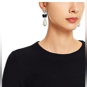 Tory Burch Evie Crystal Stone  Drop Earrings Black Bow Swarovski Pearl Silver